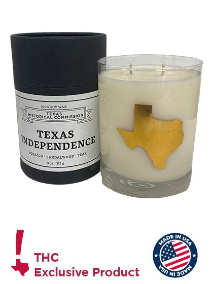 Candle box labeled "Texas Independence" with a glass candle and gold Texas icon. Image bottom shows THC and Made in USA logo.