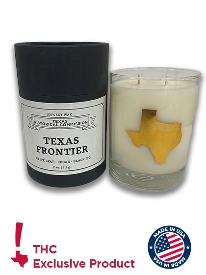 Candle box labeled "Texas Frontier" with a glass candle and gold Texas icon. Image bottom shows THC and Made in USA logo.