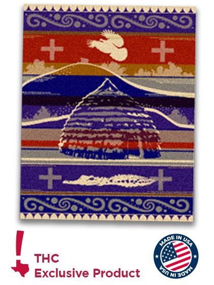 Woven blue, red and tan blanket featuring a domed grass house. Image bottom contains THC and Made in USA logos.