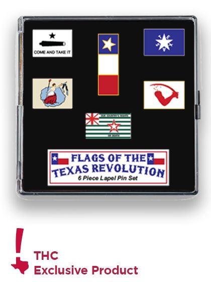 Flags of the Revolution Lapel Pin Set Collection of 6 lapel pins featuring different iconic Texas Flags. Bottom of image shows THC logo.