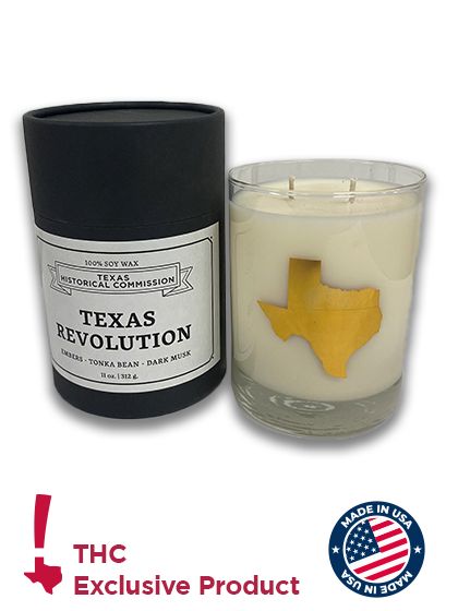 Candle box labeled "Texas Revolution" with a glass candle and gold Texas icon. Image bottom shows THC and Made in USA logo.
