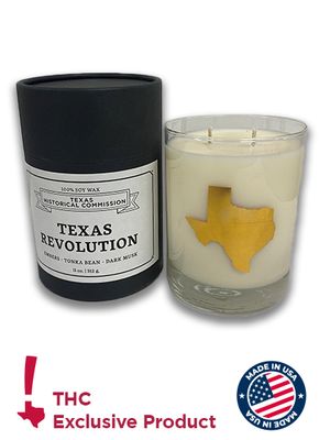 Candle box labeled "Texas Revolution" with a glass candle and gold Texas icon. Image bottom shows THC and Made in USA logo.