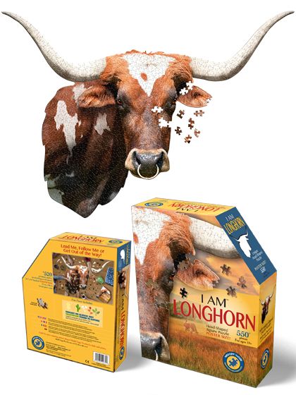 Jigsaw puzzle image of a longhorn with several pieces scattered around, above a photo of the puzzle box. 