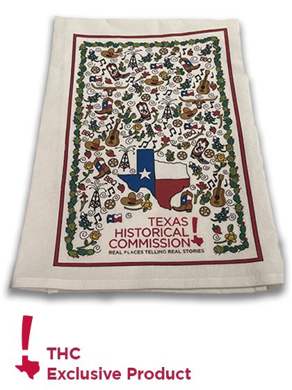 Offwhite colored tea towel featuring colorful Texas iconography and Texas Historical Commission logo embroidered on the towel