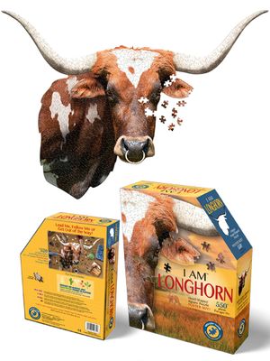 Jigsaw puzzle image of a longhorn with several pieces scattered around, above a photo of the puzzle box. 