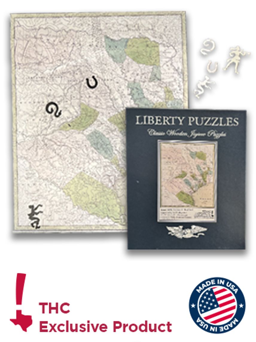 Photo of a wooden puzzle of the map of Texas, along with its box. Bottom of image shows THC and Made in USA logos.