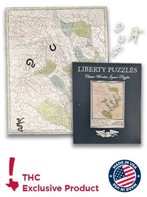Photo of a wooden puzzle of the map of Texas, along with its box. Bottom of image shows THC and Made in USA logos.