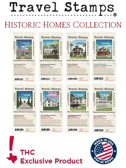 Travel Stamps - Historic Homes Collection Travel Stamps Home Collection contains 8 Historic site stamps, with THC Exclusive Product, Made in USA badges at the bottom