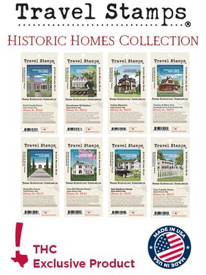 Travel Stamps Home Collection contains 8 Historic site stamps, with THC Exclusive Product, Made in USA badges at the bottom