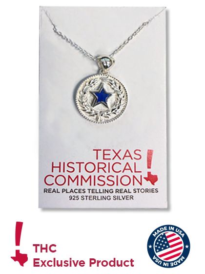 Silver pendant necklace with a blue star on a Texas Historical Commission display card shown exclusive product, made in USA