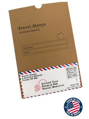 Travel Stamps collection booklet with a kraft paper cover and an airmail-themed label, shown with a Made in USA badge.