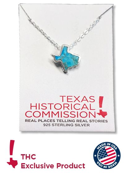 Turquoise Texas‑shaped sterling‑silver pendant necklace on a Texas Historical Commission display card shown made in USA