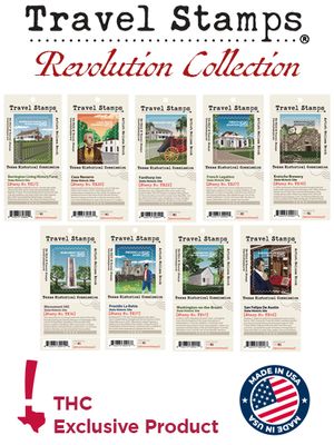 Travel Stamps Revolution Collection contains ten site stamps, with THC Exclusive Product and Made in USA badges at the bottom