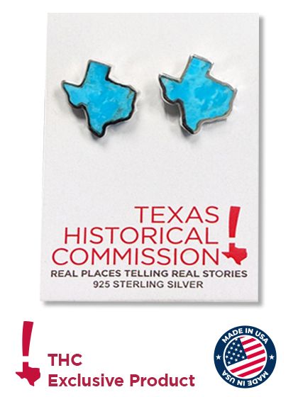Turquoise Texas‑shaped sterling‑silver earrings on a Texas Historical Commission display card. Exclusive product, made in USA