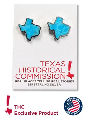 Turquoise Texas‑shaped sterling‑silver earrings on a Texas Historical Commission display card. Exclusive product, made in USA