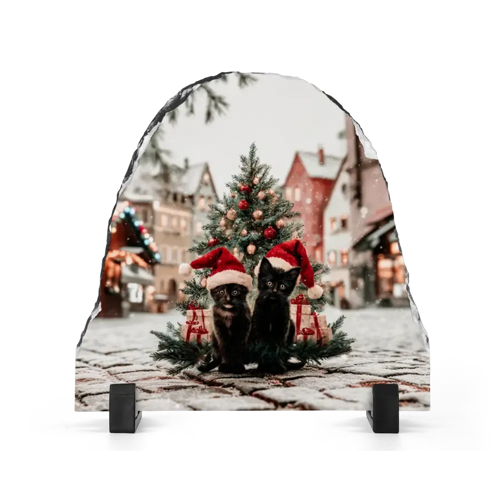 Xριστουγεννιάτικη Πέτρα Καμπάνα 15x15 - Σχέδιο No.1 Γατάκια - Πρωτοχρονιάτικο Πορτρέτο