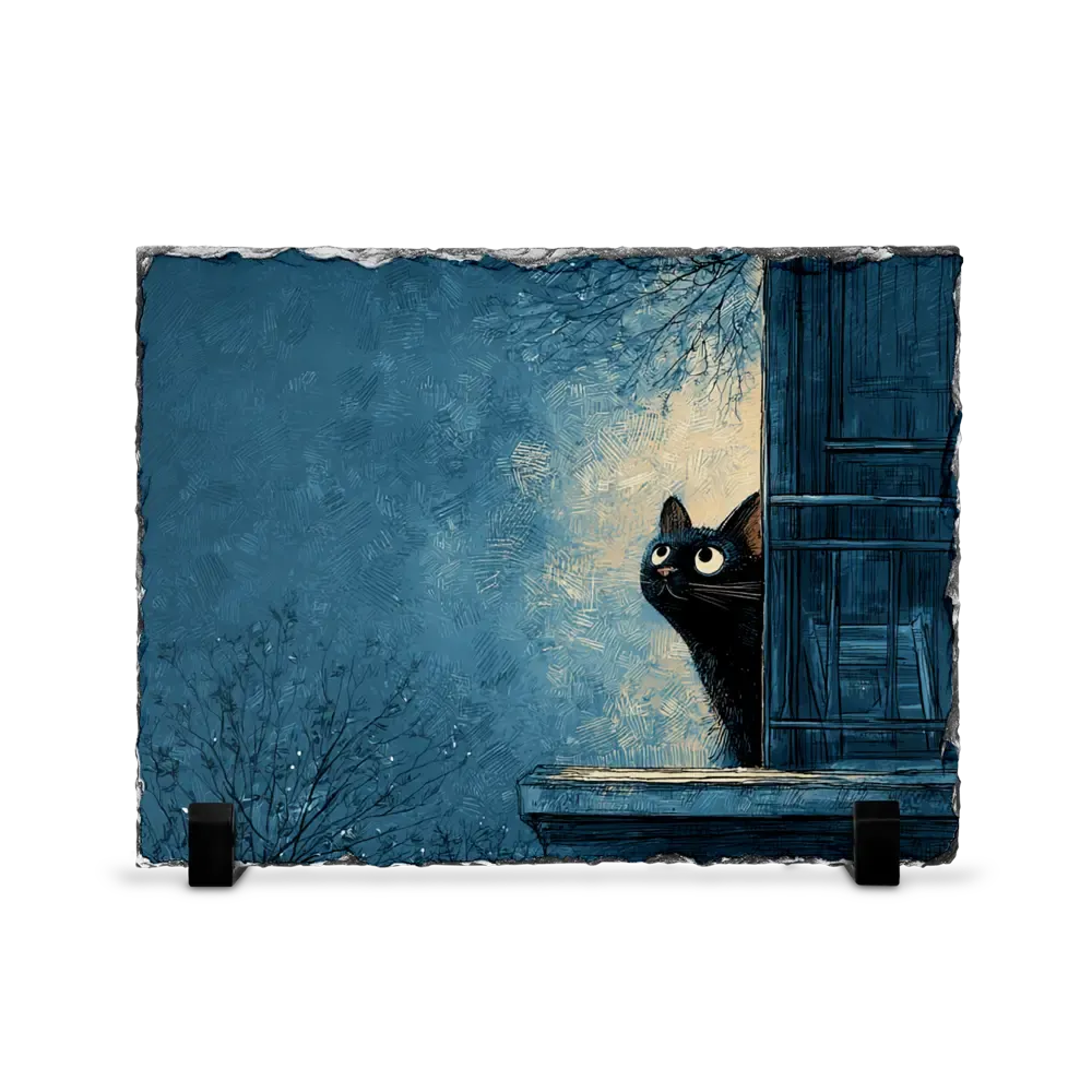 Πέτρινος Πίνακας Επιτραπέζιος 15x20 - Σχέδιο No.2 Μαύρη Γάτα - Μπλε Νυχτερινό Σκηνικό