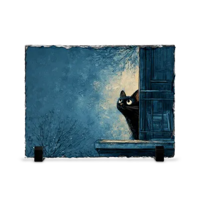 Πέτρινος Πίνακας Επιτραπέζιος 15x20 - Σχέδιο No.2 Μαύρη Γάτα - Μπλε Νυχτερινό Σκηνικό