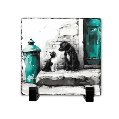 Πέτρινος Πίνακας Επιτραπέζιος 20x20 - Σχέδιο No.2 Σκύλος &amp; Γάτα - Μίνιμαλ Τέχνη