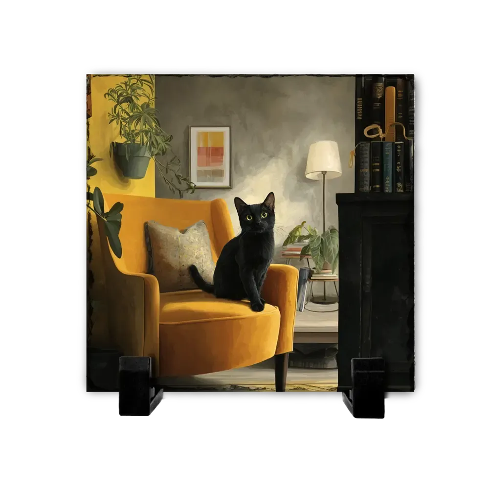 Πέτρινος Πίνακας Επιτραπέζιος 20x20 - Σχέδιο No.4 Μαύρη Γάτα - Cozy Interior
