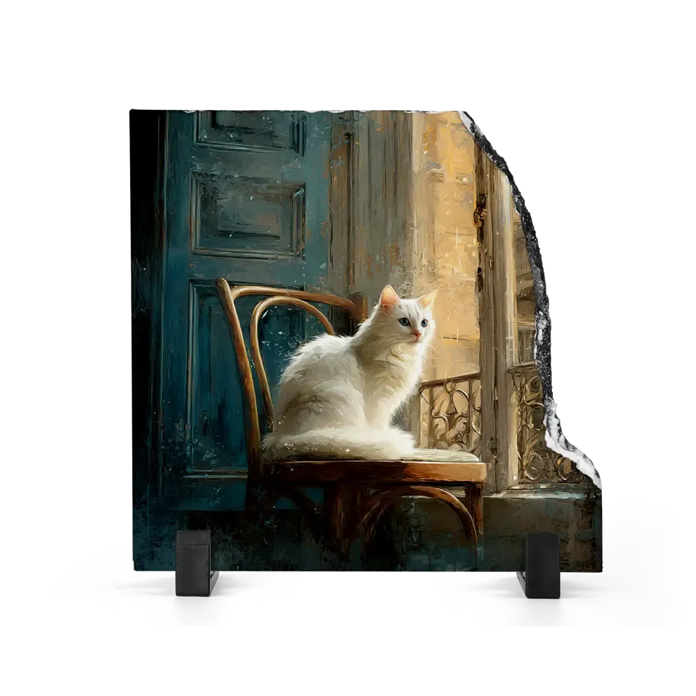 Πέτρινος Πίνακας Επιτραπέζιος Fragment 20x20 - Σχέδιο No.1 Λευκή Γάτα - Σκηνή Ελαιογραφίας