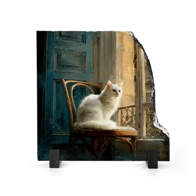 Πέτρινος Πίνακας Επιτραπέζιος Fragment 20x20 - Σχέδιο No.1 Λευκή Γάτα - Σκηνή Ελαιογραφίας