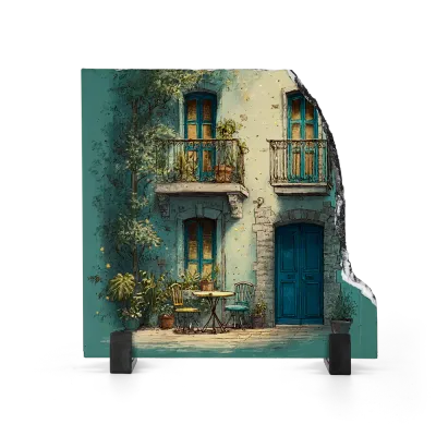 Πέτρινος Πίνακας Επιτραπέζιος Fragment 20x20 - Σχέδιο No.4 Τυρκουάζ Πρόσοψη Σπιτιού - Vintage Art