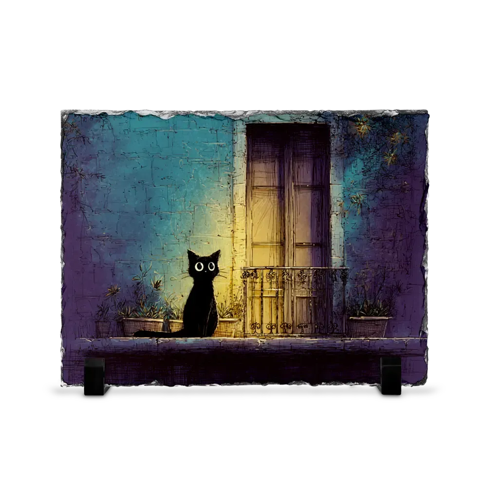 Πέτρινος Πίνακας Επιτραπέζιος 15x20 - Σχέδιο No.3 Μαύρη Γάτα - Νυχτερινό Μυστήριο