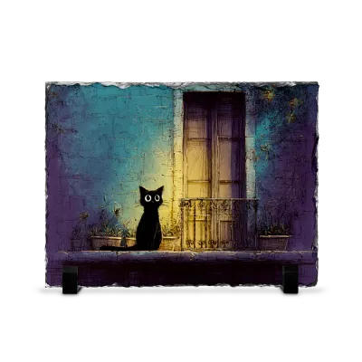 Πέτρινος Πίνακας Επιτραπέζιος 15x20 - Σχέδιο No.3 Μαύρη Γάτα - Νυχτερινό Μυστήριο