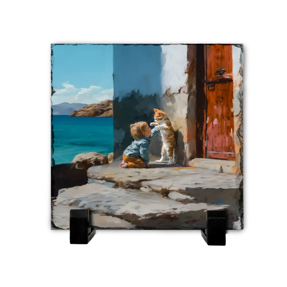 Πέτρινος Πίνακας Επιτραπέζιος 20x20 - Σχέδιο No.1 Παιδί &amp; Γάτα - Μεσογειακό Πορτρέτο