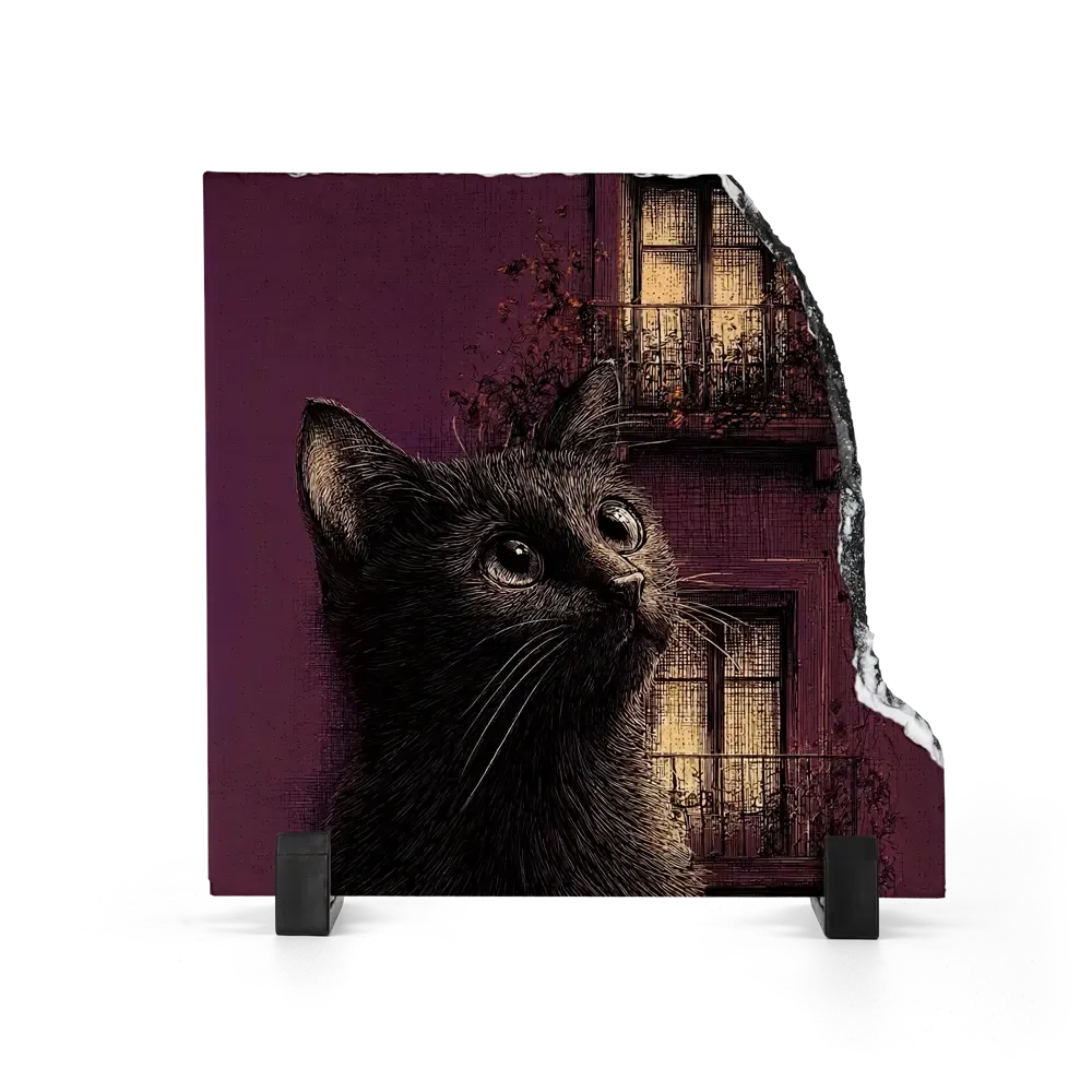 Πέτρινος Πίνακας Επιτραπέζιος Fragment 20x20 - Σχέδιο No.2 Μαύρη Γάτα - Χαρακτικό Πορτρέτο