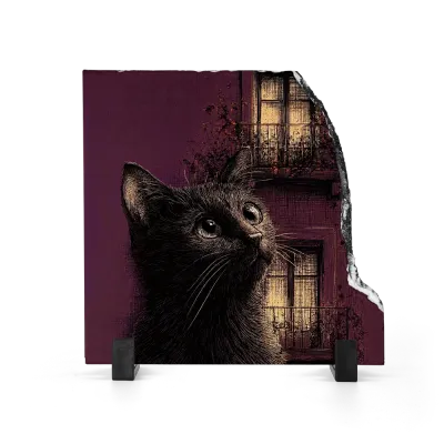 Πέτρινος Πίνακας Επιτραπέζιος Fragment 20x20 - Σχέδιο No.2 Μαύρη Γάτα - Χαρακτικό Πορτρέτο