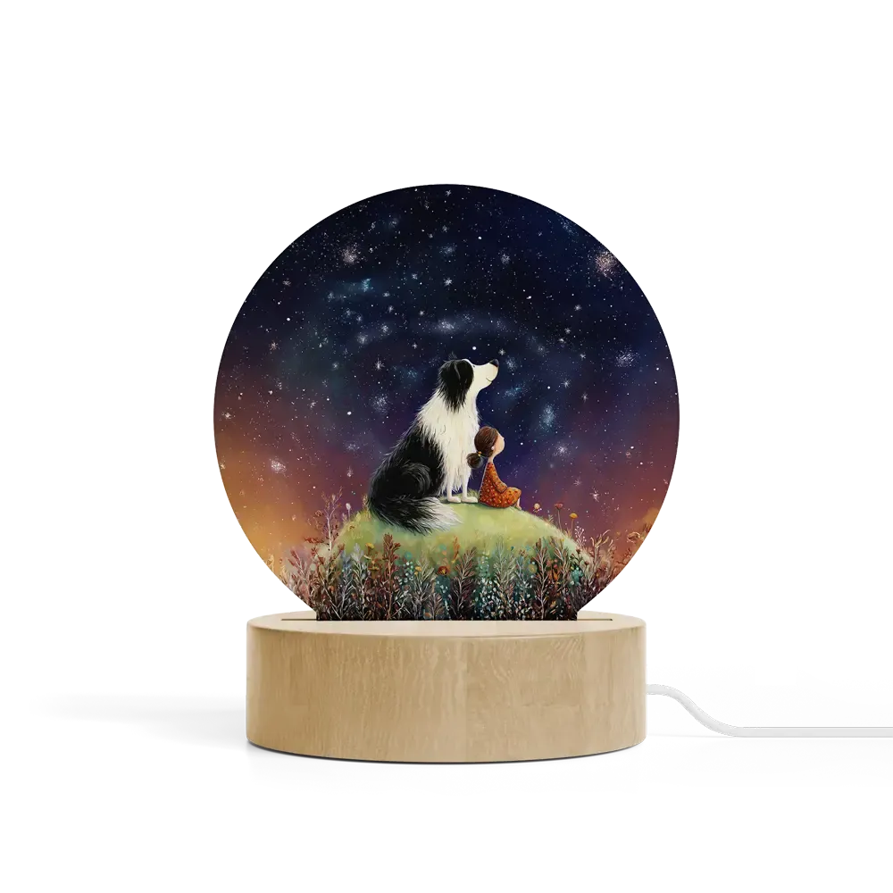 Art Φωτιστικό LED Κυκλικό - Σχέδιο Κορίτσι με Σκύλο Border Collie Starry Night Art