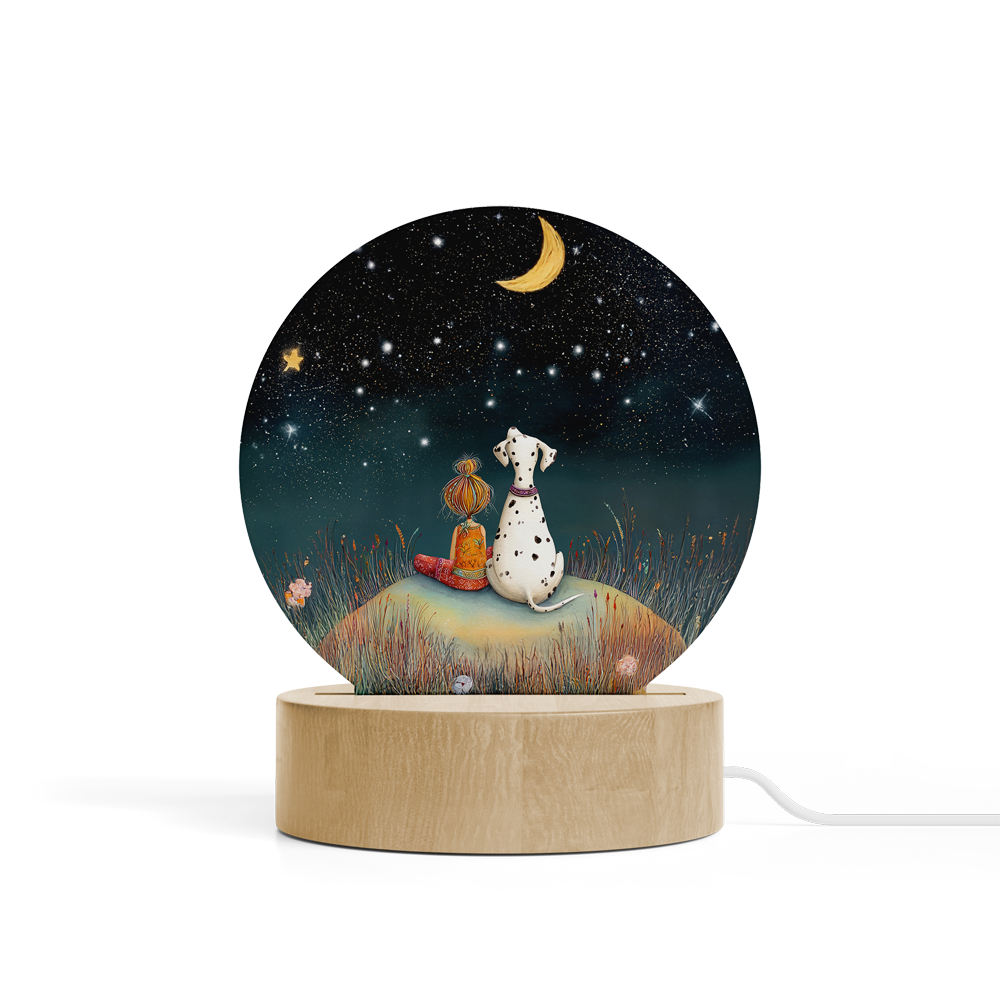Art Φωτιστικό LED Κυκλικό - Σχέδιο Κορίτσι με Σκύλο Δαλματίας Starry Night Art