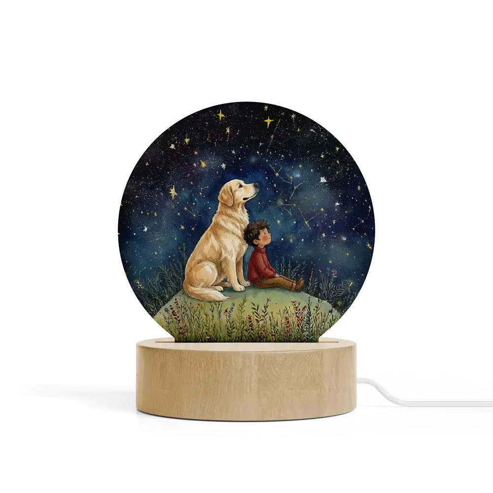 Art Φωτιστικό LED Κυκλικό - Σχέδιο Αγόρι 2 με Σκύλο Golden Retriever Starry Night Art