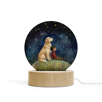 Art Φωτιστικό LED Κυκλικό - Σχέδιο Αγόρι 2 με Σκύλο Golden Retriever Starry Night Art