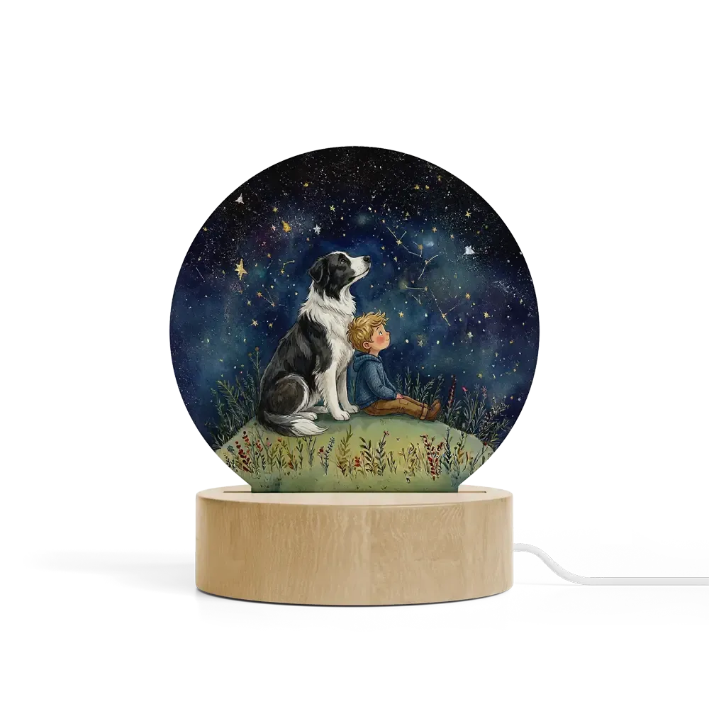 Art Φωτιστικό LED Κυκλικό - Σχέδιο Αγόρι με Σκύλο Border Collie Starry Night Illustration