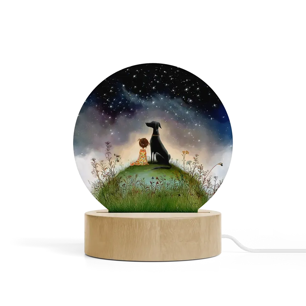 Art Φωτιστικό LED Κυκλικό - Σχέδιο Κορίτσι με Σκύλο Greyhound Starry Night Art