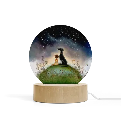 Art Φωτιστικό LED Κυκλικό - Σχέδιο Κορίτσι με Σκύλο Greyhound Starry Night Art