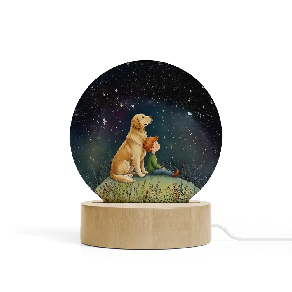 Art Φωτιστικό LED Κυκλικό - Σχέδιο Αγόρι με Σκύλο Golden Retriever Starry Night Art