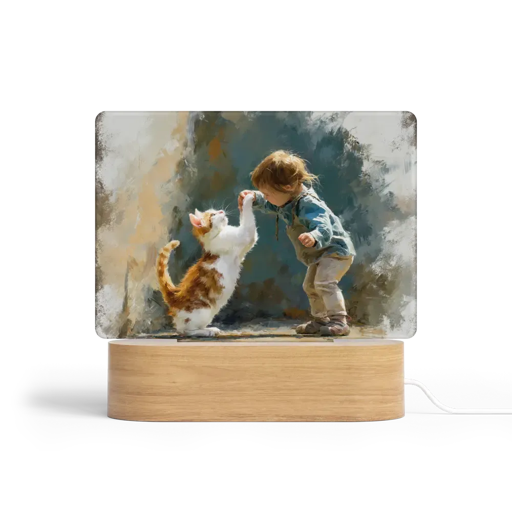 Art Φωτιστικό LED Ορθογώνιο - Σχέδιο Παιδί και Γατάκι Rustic Oil Painting