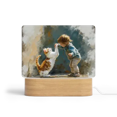 Art Φωτιστικό LED Ορθογώνιο - Σχέδιο Παιδί και Γατάκι Rustic Oil Painting