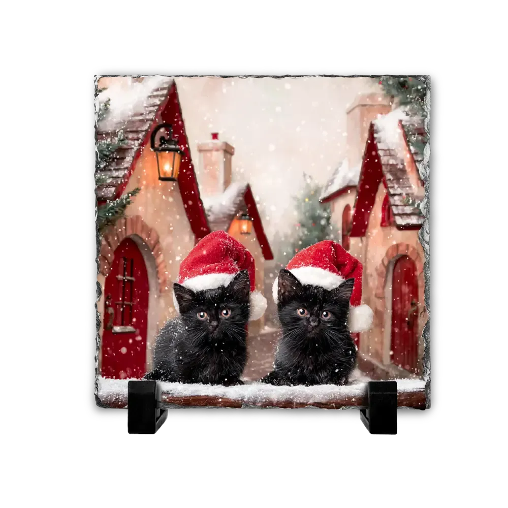 Χριστουγεννιάτικος Πέτρινος Πίνακας Επιτραπέζιος 15x15 - Σχέδιο Black Kittens: Winter Village
