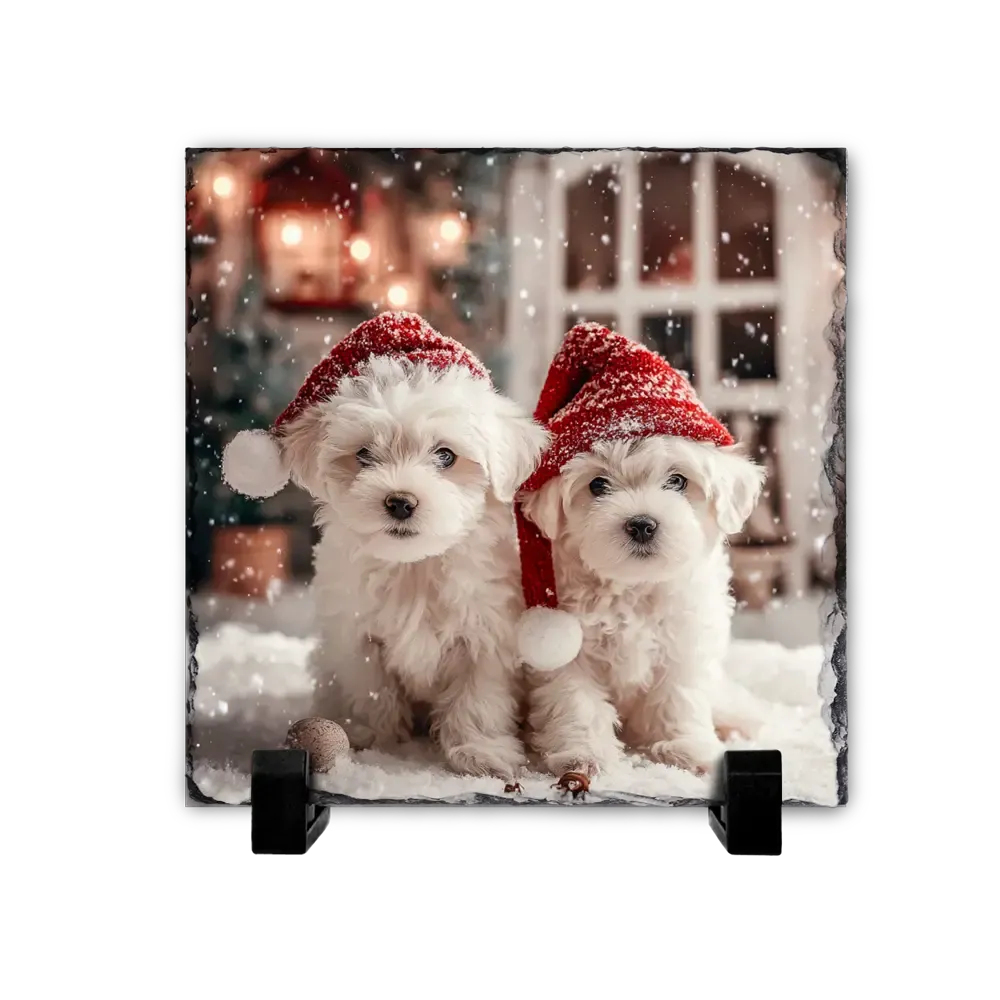 Χριστουγεννιάτικος Πέτρινος Πίνακας Επιτραπέζιος 15x15 - Σχέδιο White Puppies Santa Helpers