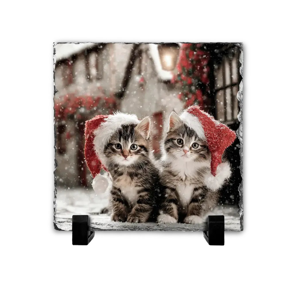 Χριστουγεννιάτικος Πέτρινος Πίνακας Επιτραπέζιος 15x15 - Σχέδιο Grey Kittens: Festive Hats