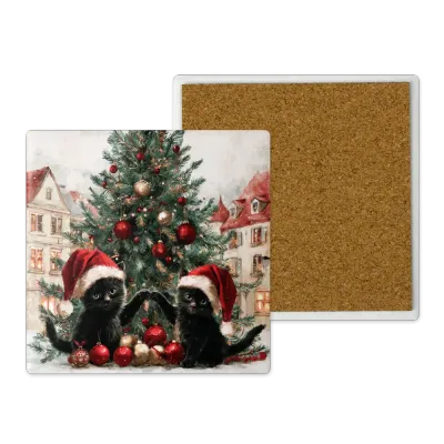 Χριστουγεννιάτικο Κεραμικό Σουβέρ Τετράγωνο 10x10 - Σχέδιο Black Kitten under the Tree