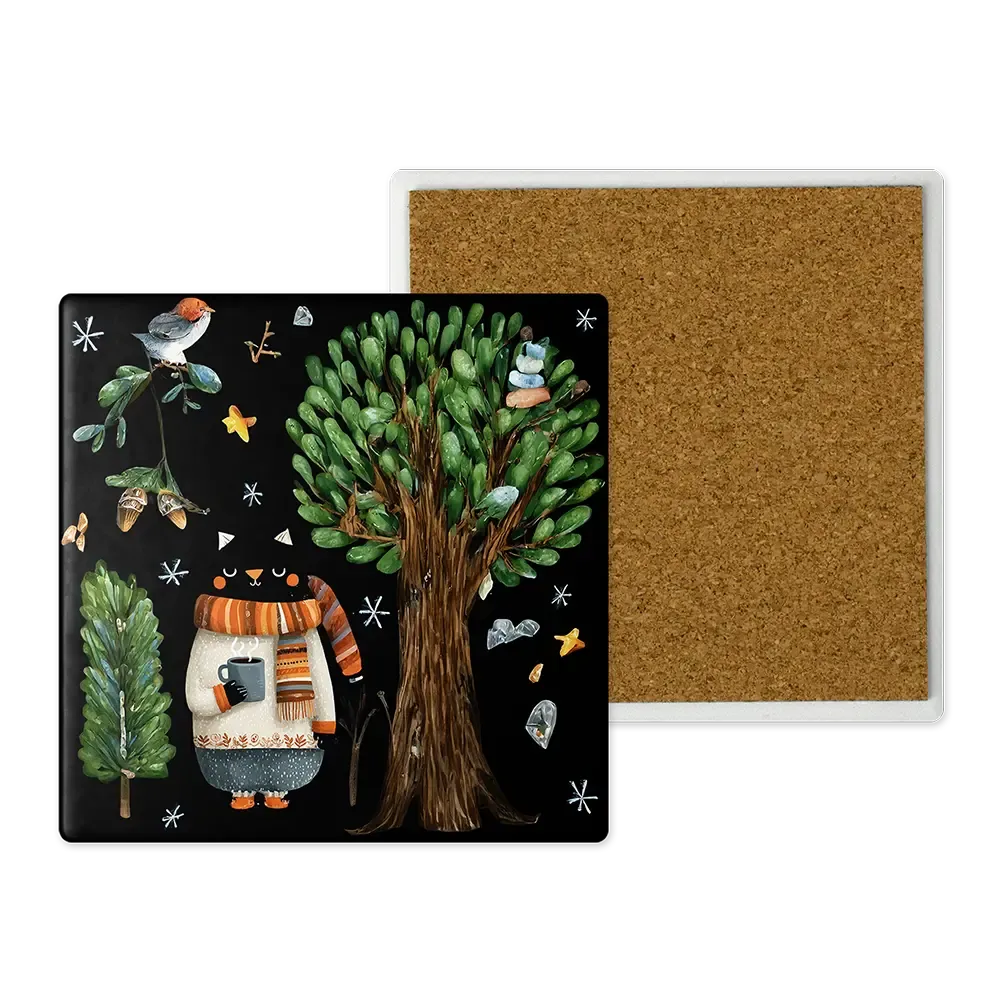 Μοντέρνο Κεραμικό Σουβέρ Art 10x10 Σχέδιο Μαύρη Γάτα &amp; Φύση - Whimsical Illustration