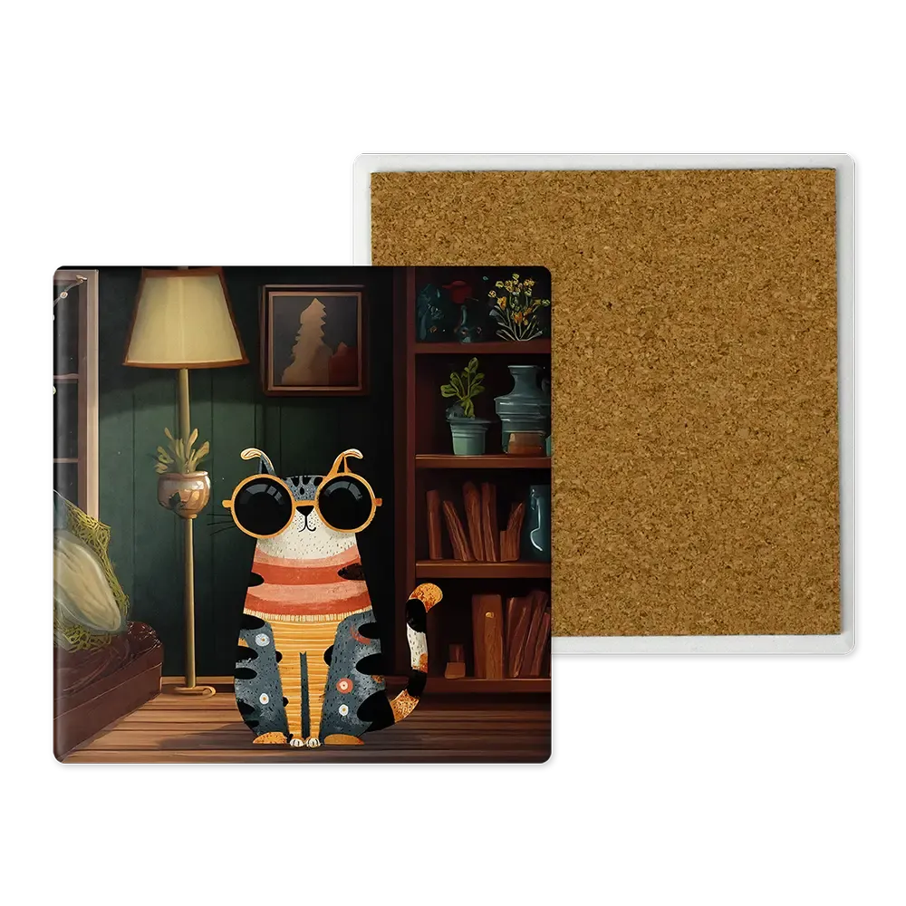 Μοντέρνο Κεραμικό Σουβέρ Art 10x10 Σχέδιο Γάτα με Γυαλιά &amp; Φυτά - Urban Jungle Style