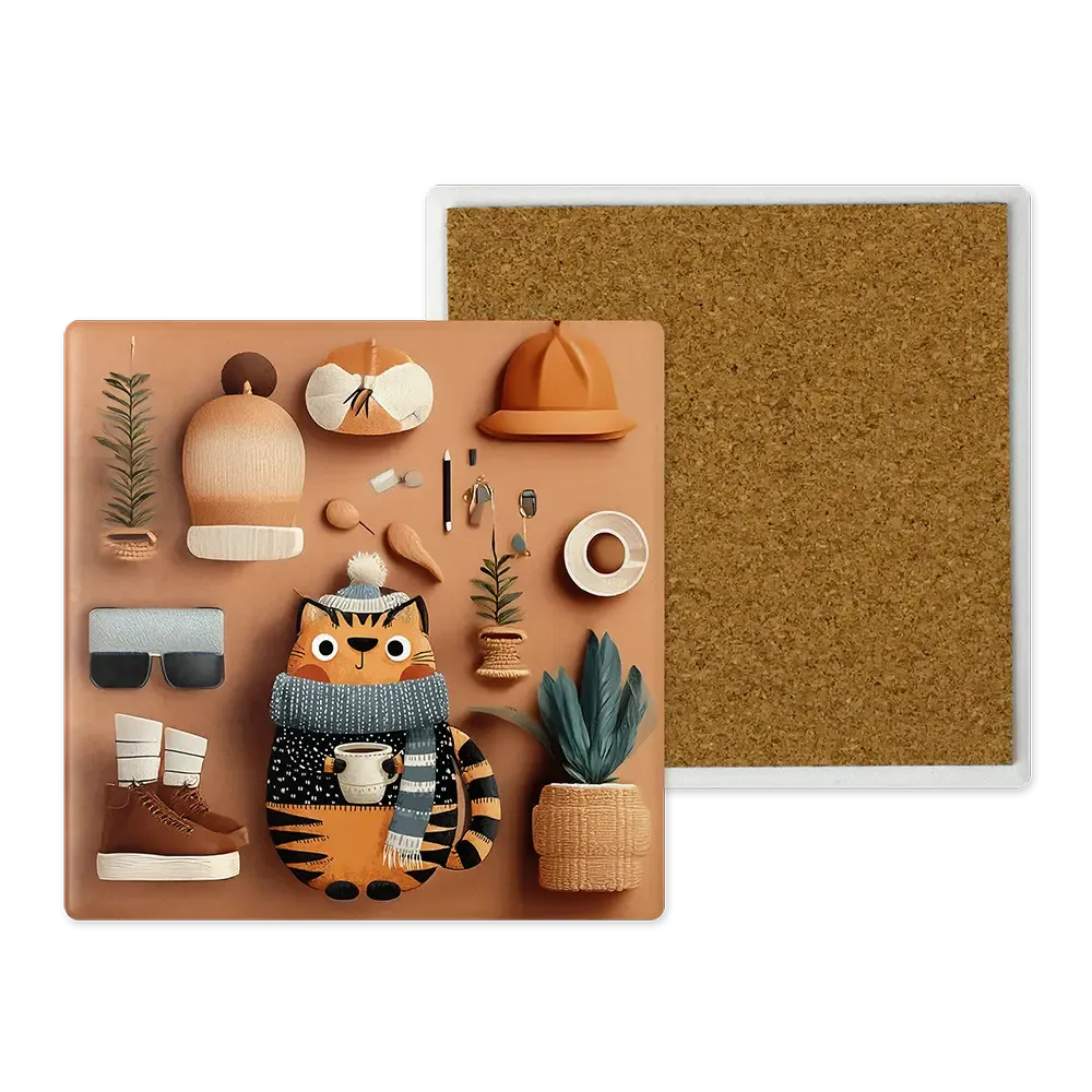 Μοντέρνο Κεραμικό Σουβέρ Art 10x10 Σχέδιο Γάτα &amp; Φθινόπωρο - Cozy Boho Style