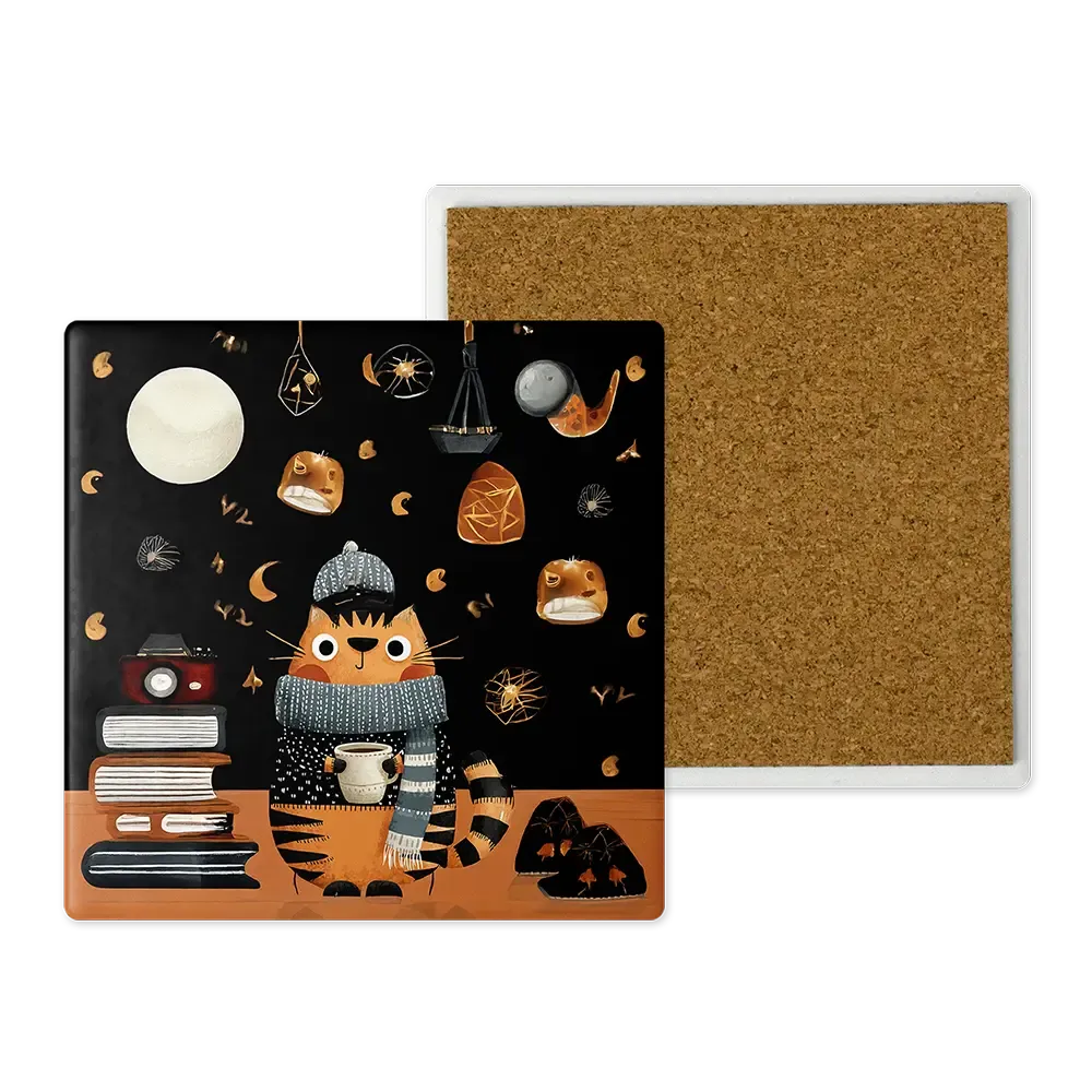 Μοντέρνο Κεραμικό Σουβέρ Art 10x10 Σχέδιο Γάτα &amp; Βιβλία - Dark Whimsical Illustration